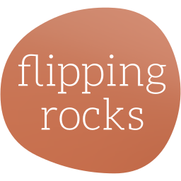 "flipping rocks" in light slab serif text on a red-brown pebble shape