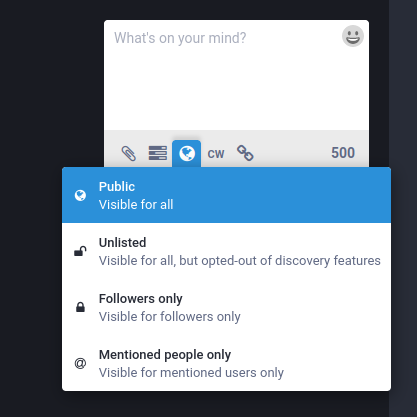 Post visibility options "Post visibility options: public, unlisted, followers-only, and mentioned people only (direct message)"