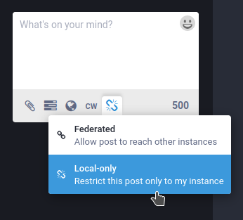 Choose federated or local-only posting by clicking the chain-link icon in the posting area